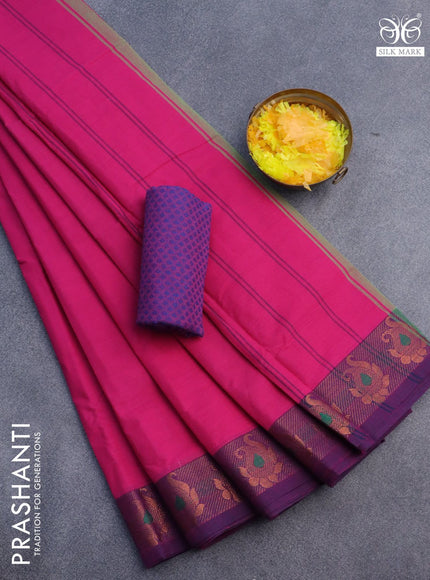 10 Yards chettinad cotton saree pink and blue with plain body and copper zari woven border & woven blouse