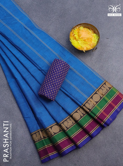 10 Yards chettinad cotton saree cs blue and blue with plain body and thread woven border & woven blouse