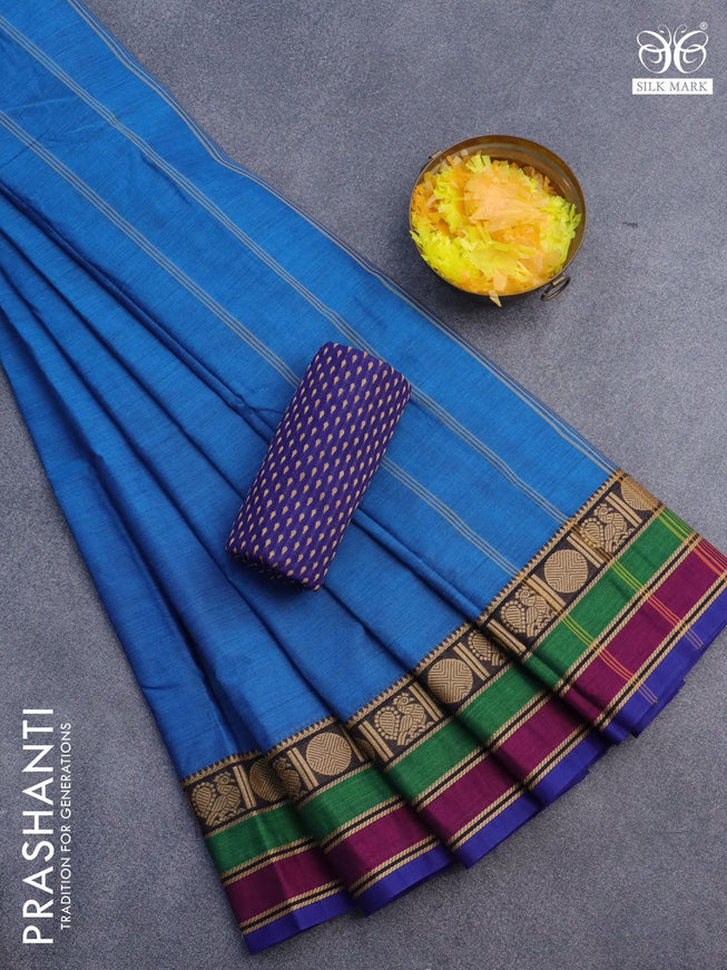 10 Yards chettinad cotton saree cs blue and blue with plain body and thread woven border & woven blouse