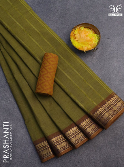 10 Yards chettinad cotton saree olive green and dark mustard with plain body and zari woven border & woven blouse