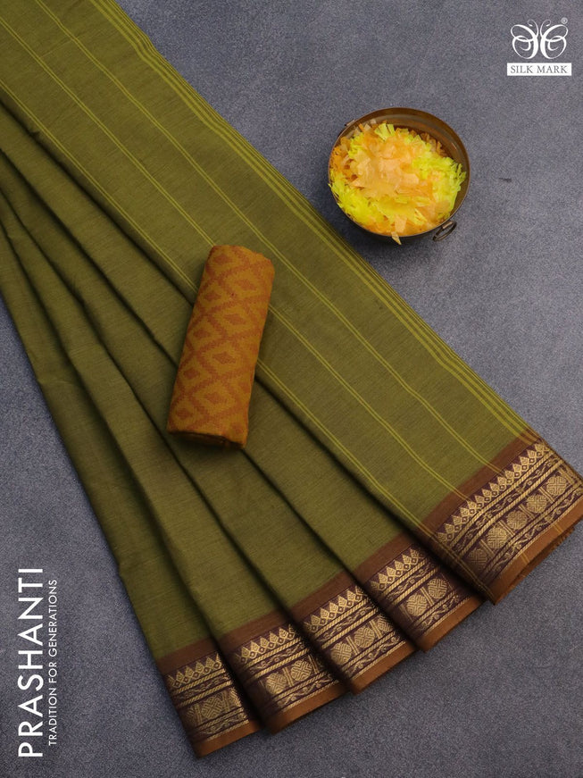 10 Yards chettinad cotton saree olive green and dark mustard with plain body and zari woven border & woven blouse