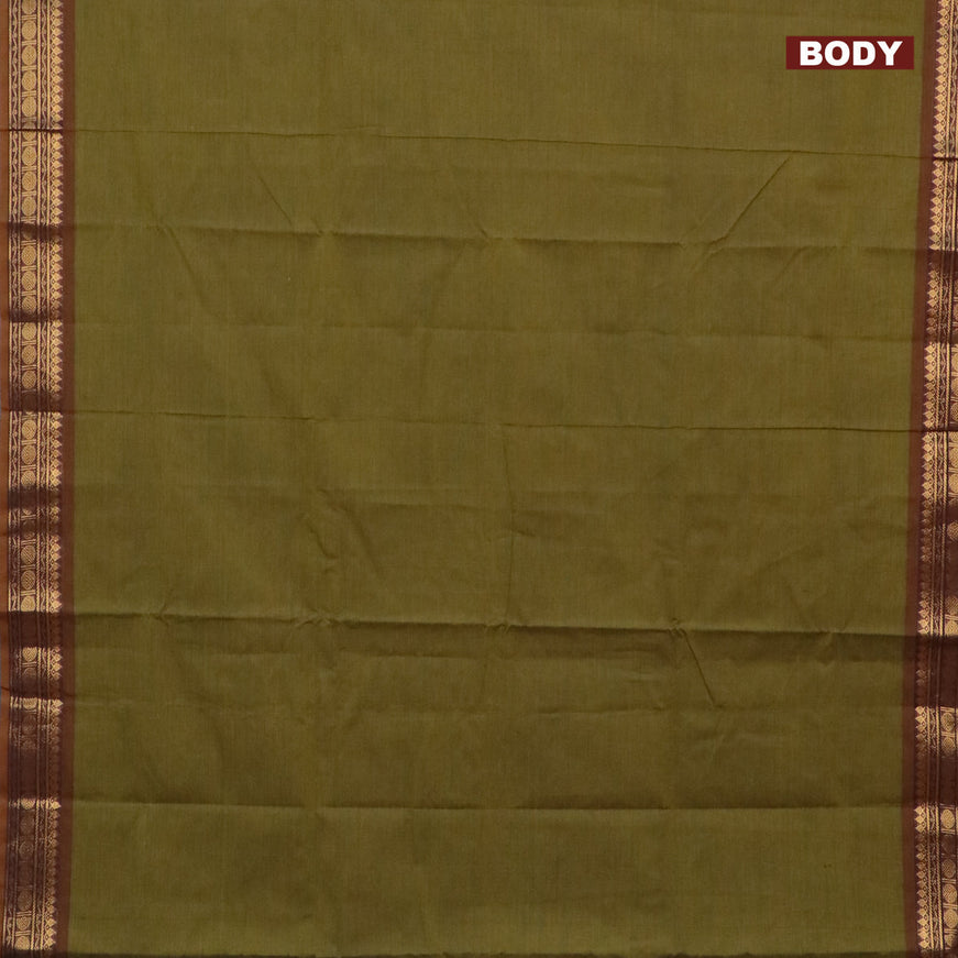 10 Yards chettinad cotton saree olive green and dark mustard with plain body and zari woven border & woven blouse