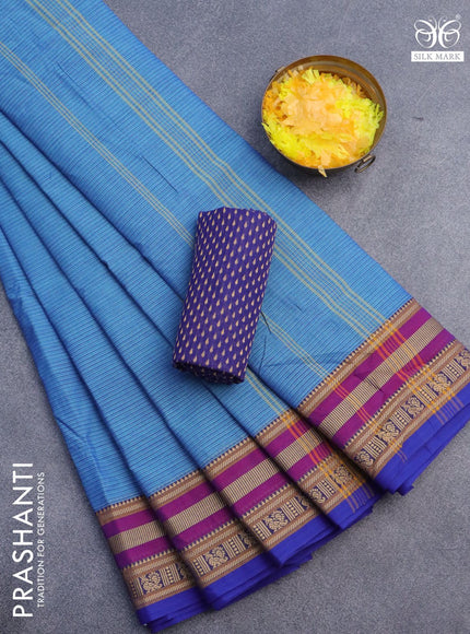 10 Yards chettinad cotton saree pastel blue and blue with plain body and thread woven border & woven blouse