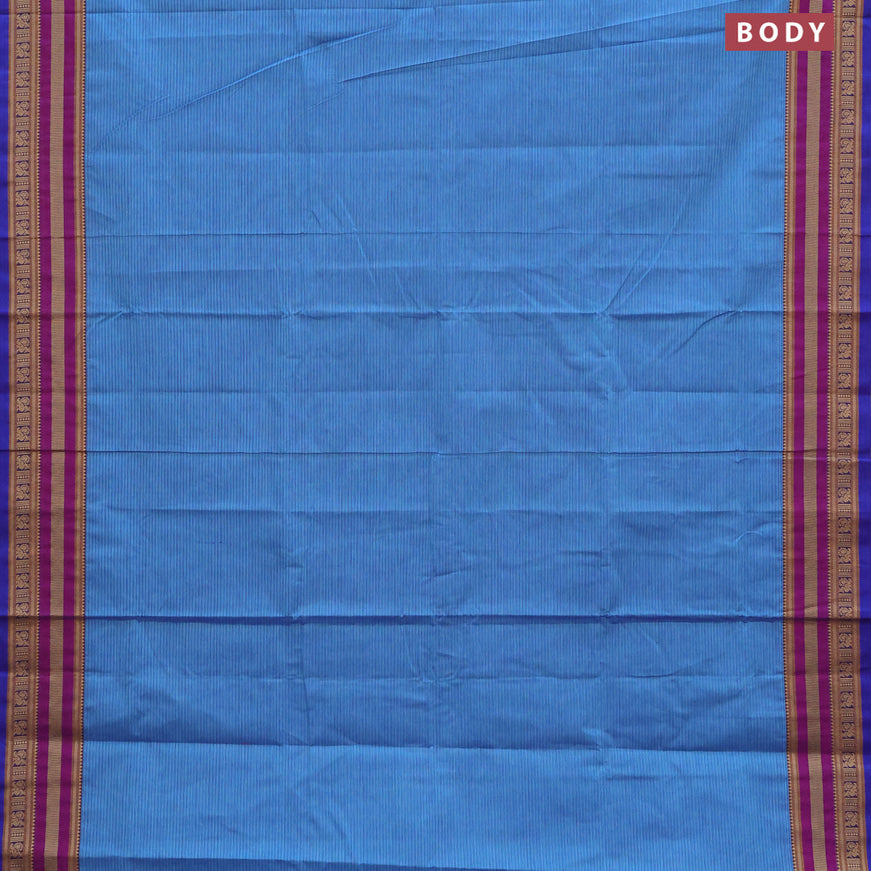 10 Yards chettinad cotton saree pastel blue and blue with plain body and thread woven border & woven blouse