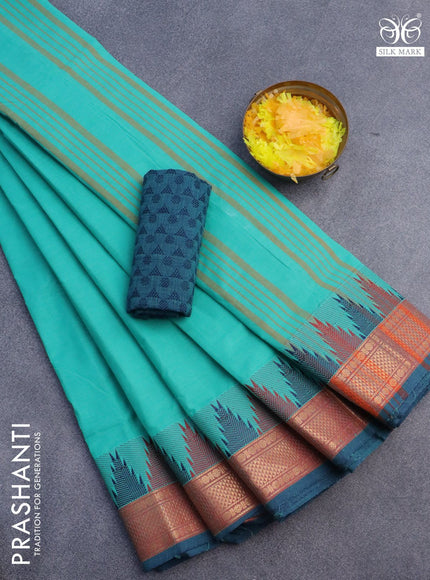 10 Yards chettinad cotton saree teal blue shade and dual shade of blue with plain body and zari woven border & woven blouse