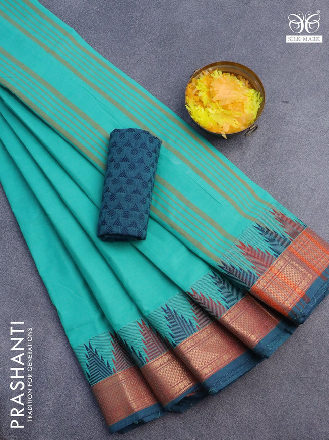 10 Yards chettinad cotton saree teal blue shade and dual shade of blue with plain body and zari woven border & woven blouse