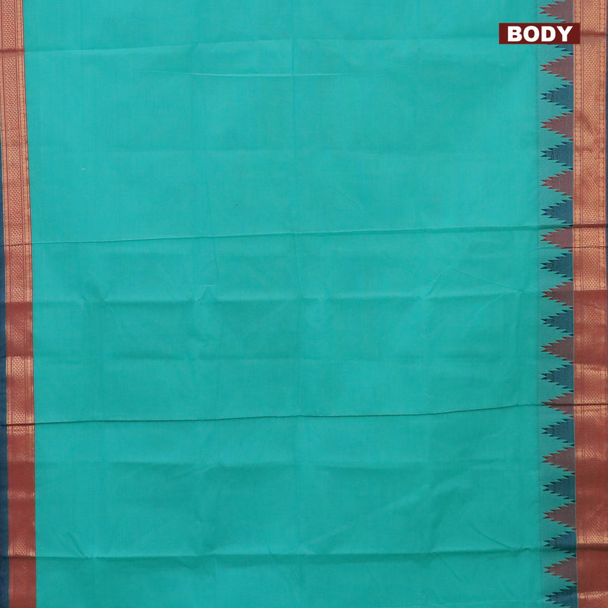 10 Yards chettinad cotton saree teal blue shade and dual shade of blue with plain body and zari woven border & woven blouse