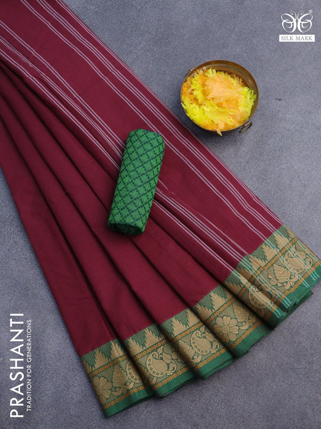 10 Yards chettinad cotton saree maroon and green with plain body and thread woven border & woven blouse