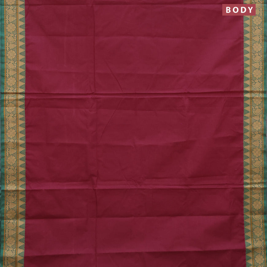 10 Yards chettinad cotton saree maroon and green with plain body and thread woven border & woven blouse