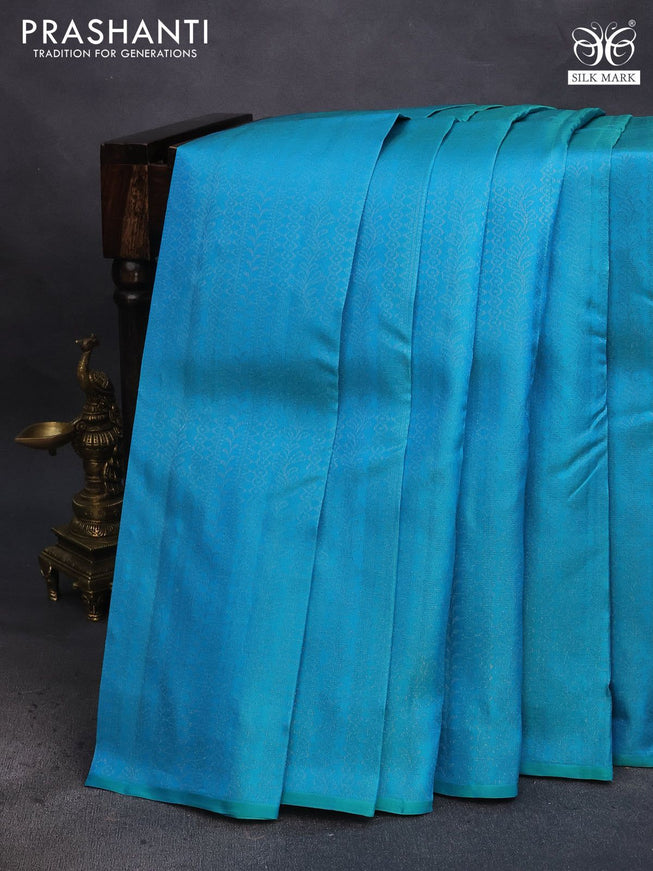 Pure soft silk saree dual shade of teal blue and magenta pink with allover silver zari woven brocade weaves in borderless style