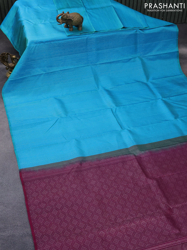 Pure soft silk saree dual shade of teal blue and magenta pink with allover silver zari woven brocade weaves in borderless style