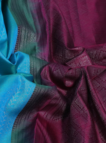 Pure soft silk saree dual shade of teal blue and magenta pink with allover silver zari woven brocade weaves in borderless style