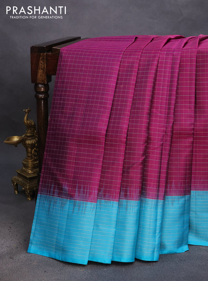 Pure soft silk saree magenta pink and teal blue with allover zari checked pattern and zari woven border