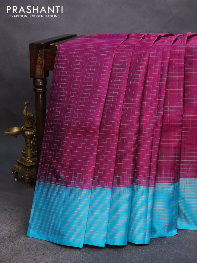 Pure soft silk saree magenta pink and teal blue with allover zari checked pattern and zari woven border