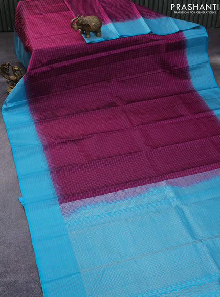 Pure soft silk saree magenta pink and teal blue with allover zari checked pattern and zari woven border