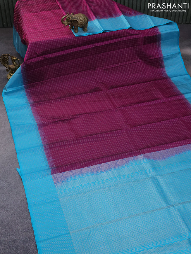 Pure soft silk saree magenta pink and teal blue with allover zari checked pattern and zari woven border