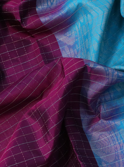 Pure soft silk saree magenta pink and teal blue with allover zari checked pattern and zari woven border