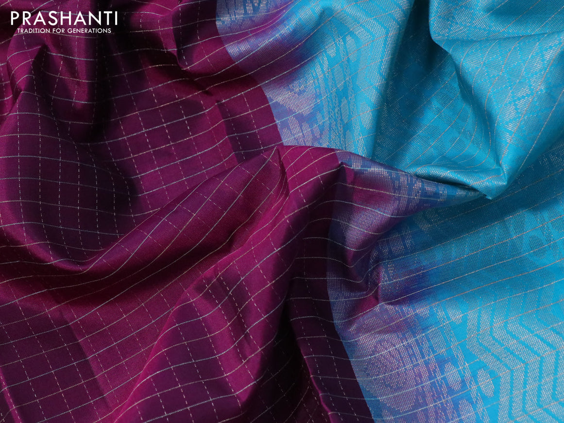 Pure soft silk saree magenta pink and teal blue with allover zari checked pattern and zari woven border