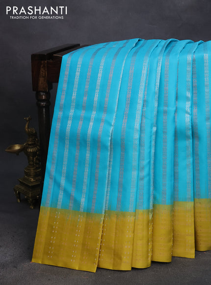 Pure soft silk saree light blue and yellow with silver & zari weaves and zari woven border