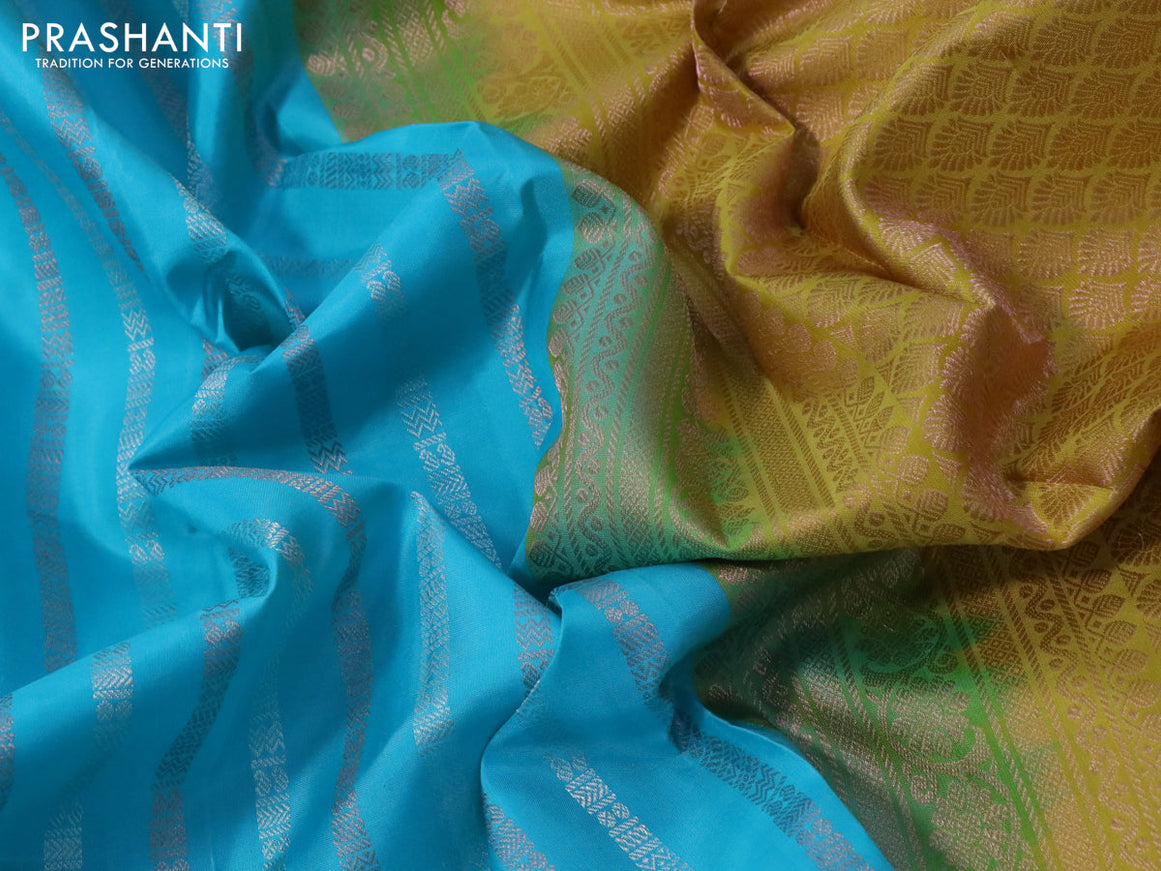 Pure soft silk saree light blue and yellow with silver & zari weaves and zari woven border