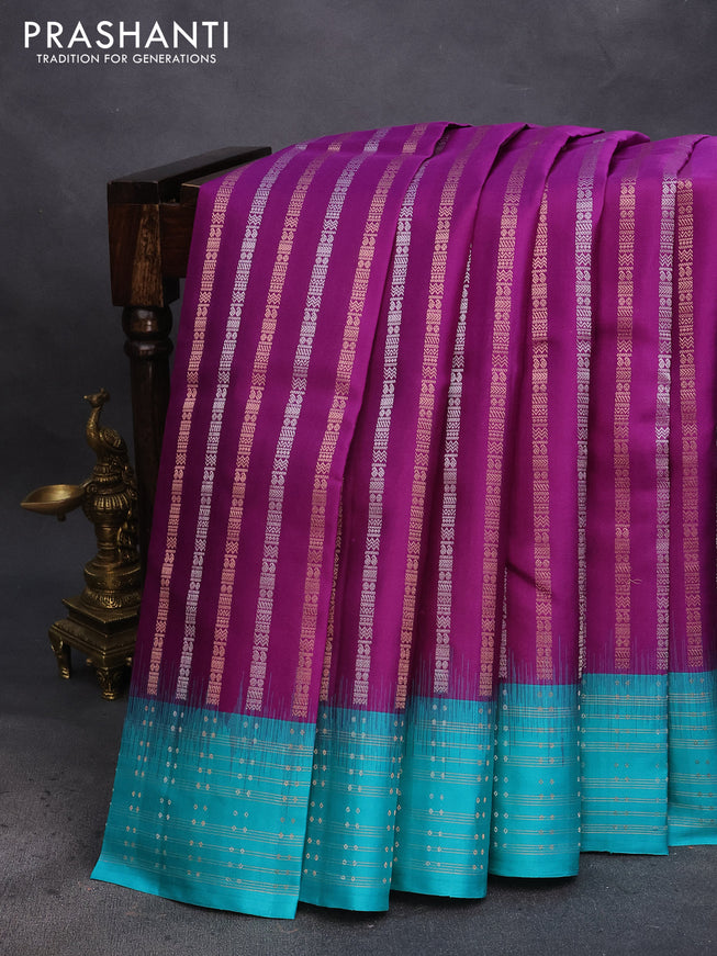 Pure soft silk saree purple and teal blue with silver & zari weaves and zari woven border