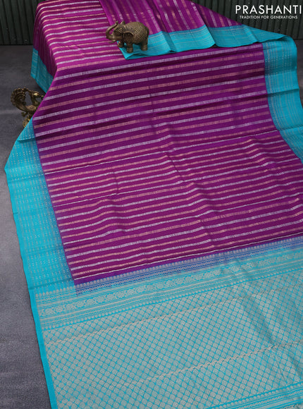 Pure soft silk saree purple and teal blue with silver & zari weaves and zari woven border