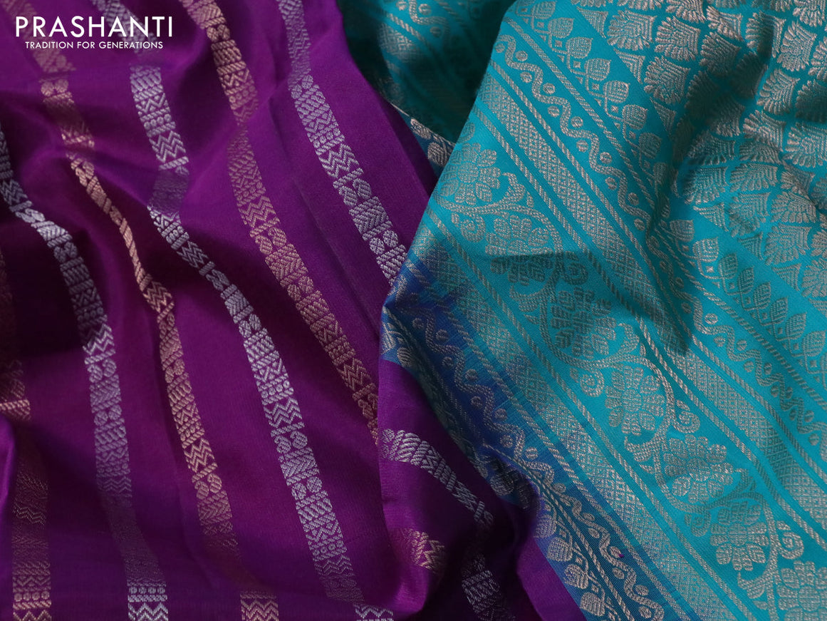 Pure soft silk saree purple and teal blue with silver & zari weaves and zari woven border