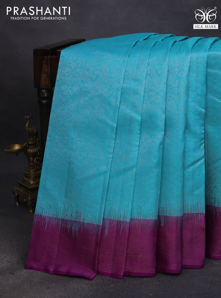 Pure soft silk saree light blue and purple with allover silver zari woven brocade weaves and zari woven border