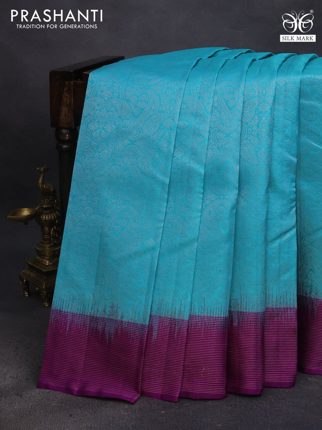 Pure soft silk saree light blue and purple with allover silver zari woven brocade weaves and zari woven border