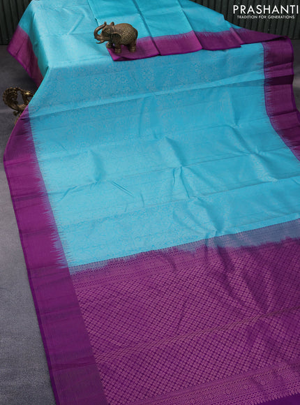 Pure soft silk saree light blue and purple with allover silver zari woven brocade weaves and zari woven border