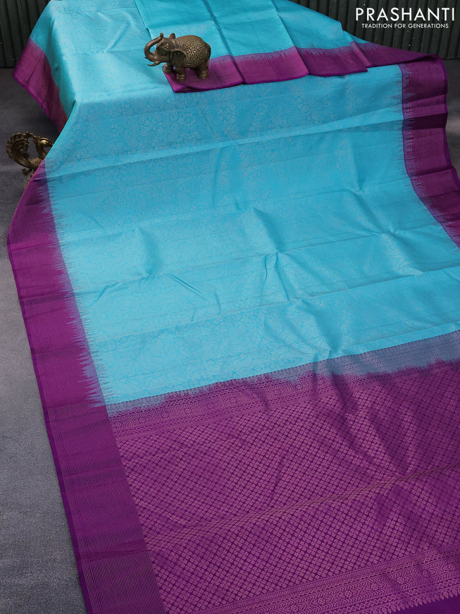 Pure soft silk saree light blue and purple with allover silver zari woven brocade weaves and zari woven border