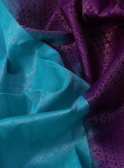 Pure soft silk saree light blue and purple with allover silver zari woven brocade weaves and zari woven border