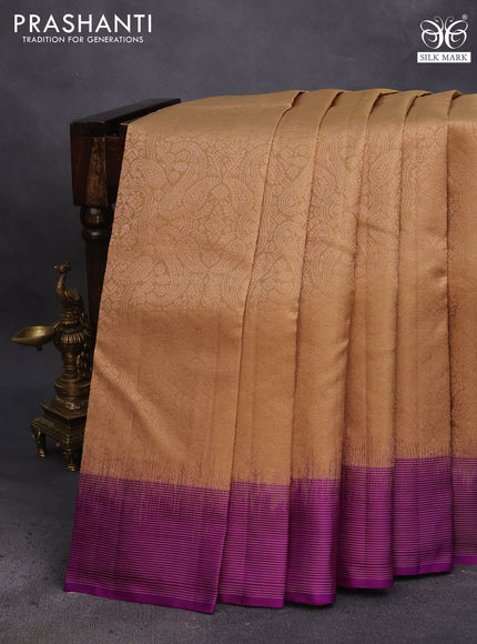 Pure soft silk saree sandal and purple with allover zari woven brocade weaves and zari woven border