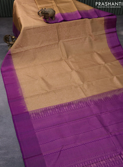 Pure soft silk saree sandal and purple with allover zari woven brocade weaves and zari woven border