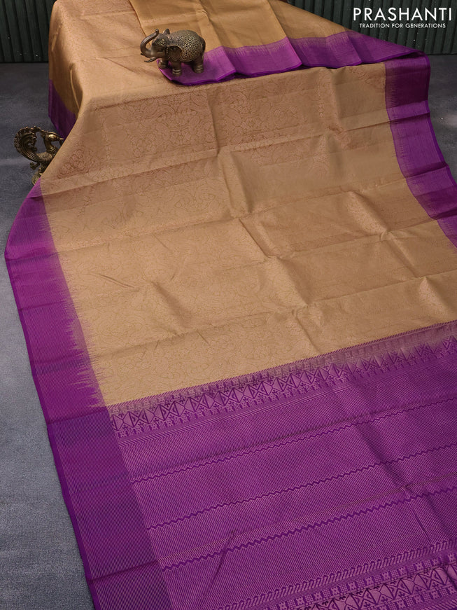 Pure soft silk saree sandal and purple with allover zari woven brocade weaves and zari woven border