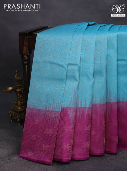 Pure soft silk saree light blue and purple with allover zari woven brocade weaves and zari woven border