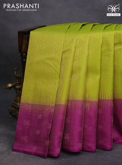 Pure soft silk saree light green and purple with allover zari woven brocade weaves and zari woven border