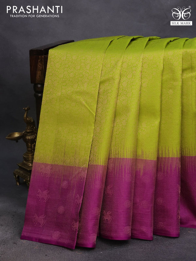 Pure soft silk saree light green and purple with allover zari woven brocade weaves and zari woven border