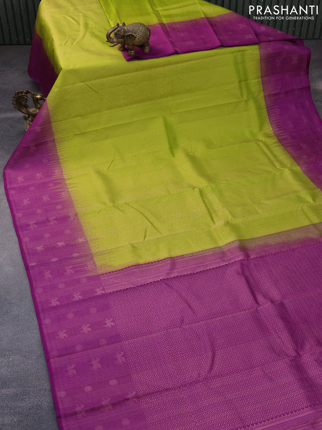 Pure soft silk saree light green and purple with allover zari woven brocade weaves and zari woven border