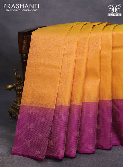 Pure soft silk saree mango yellow and purple with allover zari woven brocade weaves and zari woven border