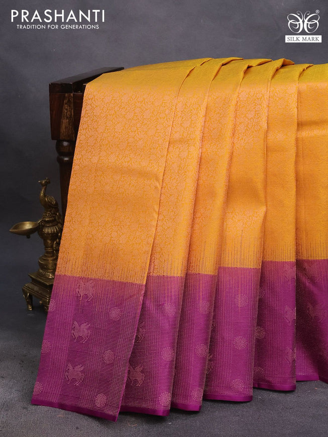 Pure soft silk saree mango yellow and purple with allover zari woven brocade weaves and zari woven border