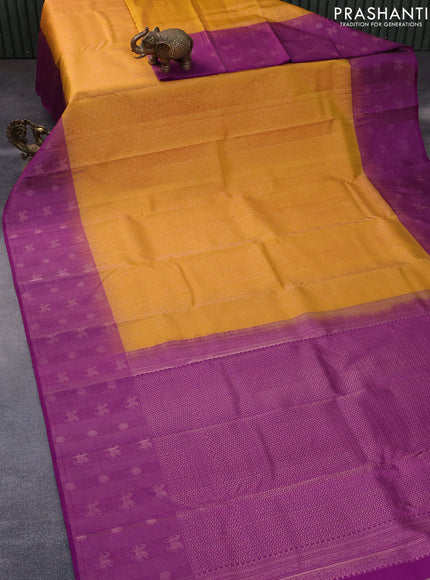 Pure soft silk saree mango yellow and purple with allover zari woven brocade weaves and zari woven border