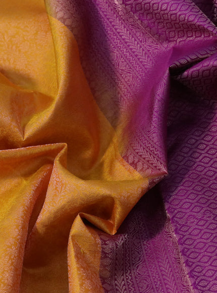 Pure soft silk saree mango yellow and purple with allover zari woven brocade weaves and zari woven border