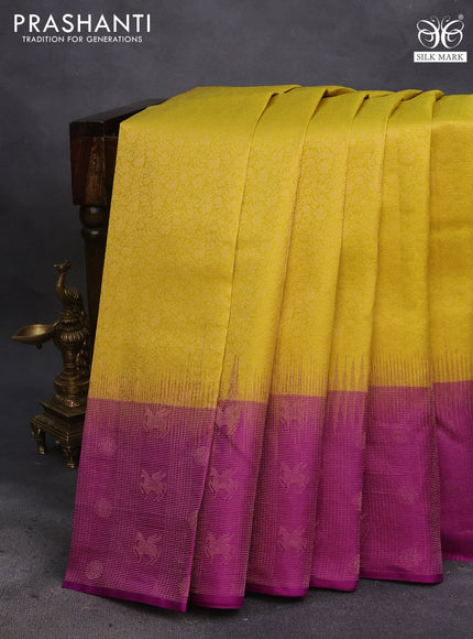 Pure soft silk saree yellow and purple with allover zari woven brocade weaves and zari woven border