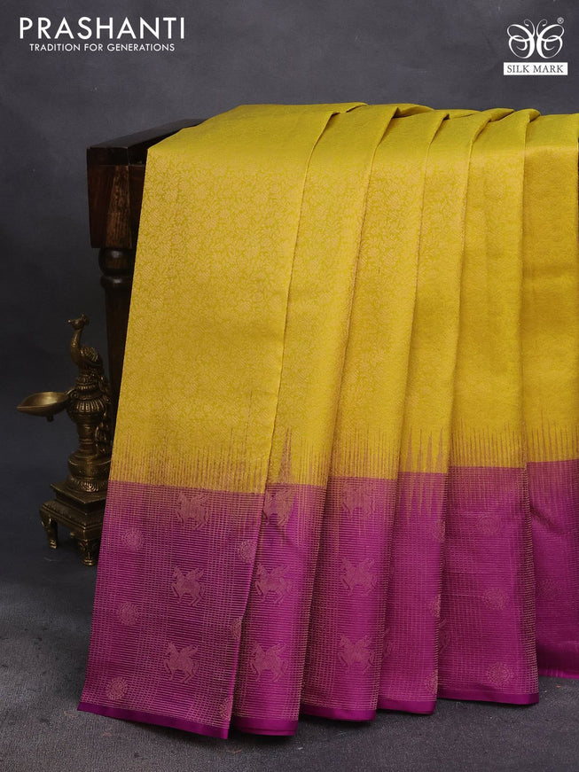 Pure soft silk saree yellow and purple with allover zari woven brocade weaves and zari woven border