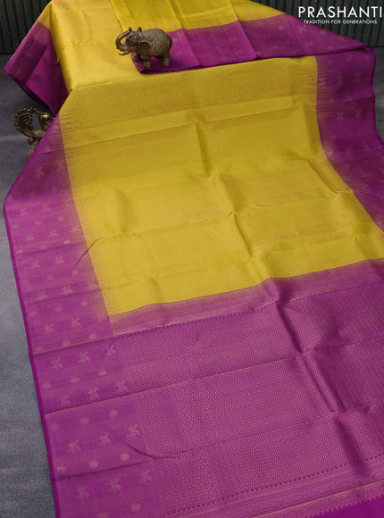 Pure soft silk saree yellow and purple with allover zari woven brocade weaves and zari woven border