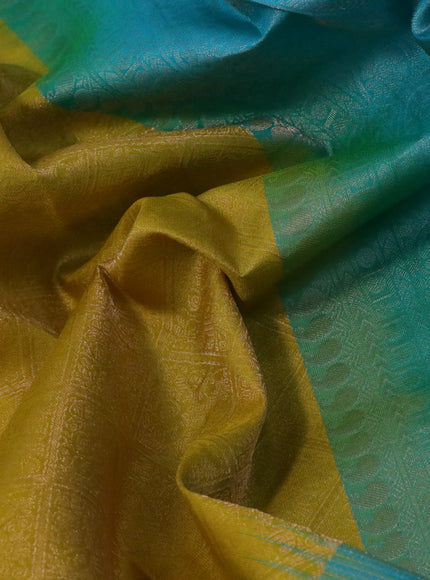 Pure soft silk saree yellow and teal blue with allover silver zari woven brocade weaves and silver zari woven butta border