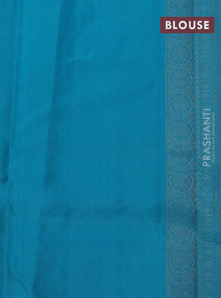 Pure soft silk saree yellow and teal blue with allover silver zari woven brocade weaves and silver zari woven butta border