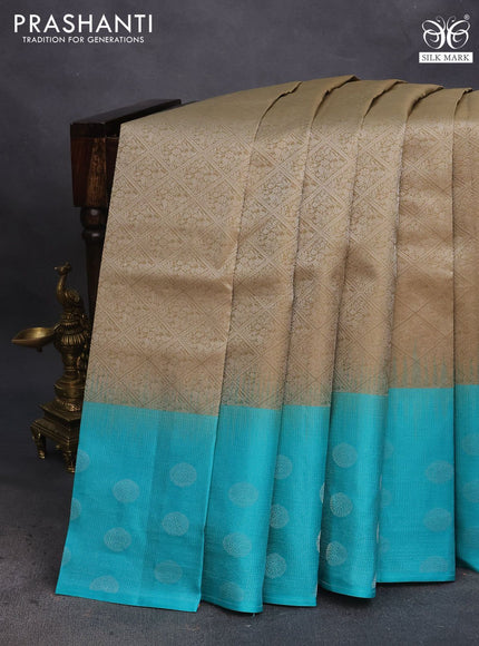 Pure soft silk saree elaichi green and teal blue with allover silver zari woven brocade weaves and silver zari woven butta border