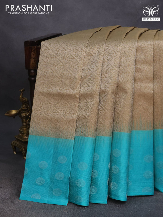 Pure soft silk saree elaichi green and teal blue with allover silver zari woven brocade weaves and silver zari woven butta border